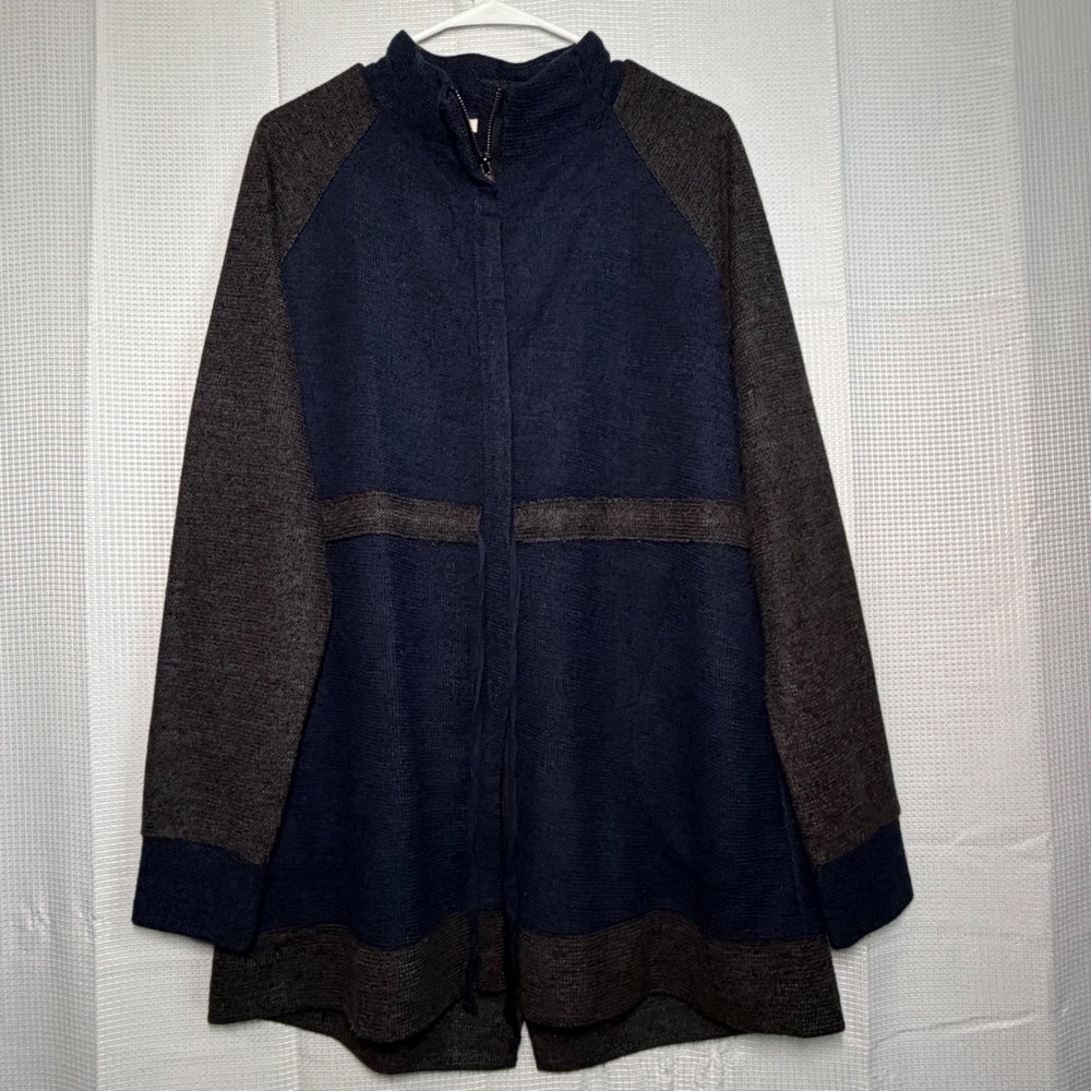 Skies Are Blue Knit Jacket XL‎ Navy Blue Brown Colorblock Zip Front